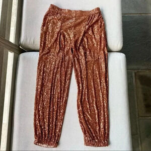 Free People Morelia Sequin Jogger Pants High Rise in Bronze Sequin Gold